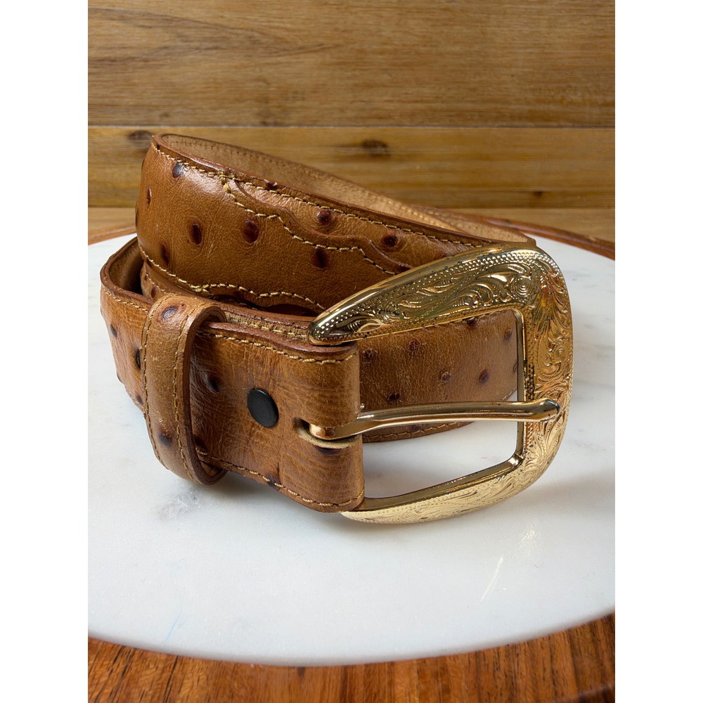 Tony Lama 40 Brown Ostrich Embossed Leather Western Belt Gold Buckle Made USA